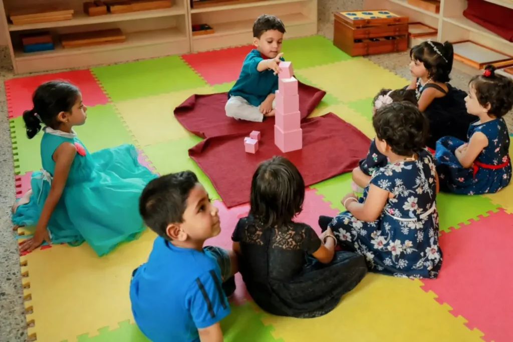 Kids enjoying and playing together in a colorful indoor playroom