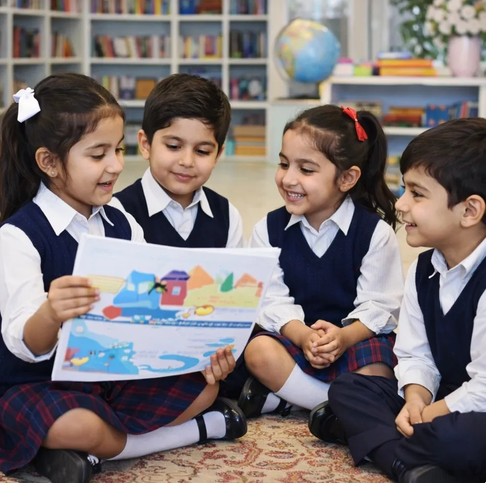 Four school children sitting on the floor in uniform, reading a colorful book together in the classroom