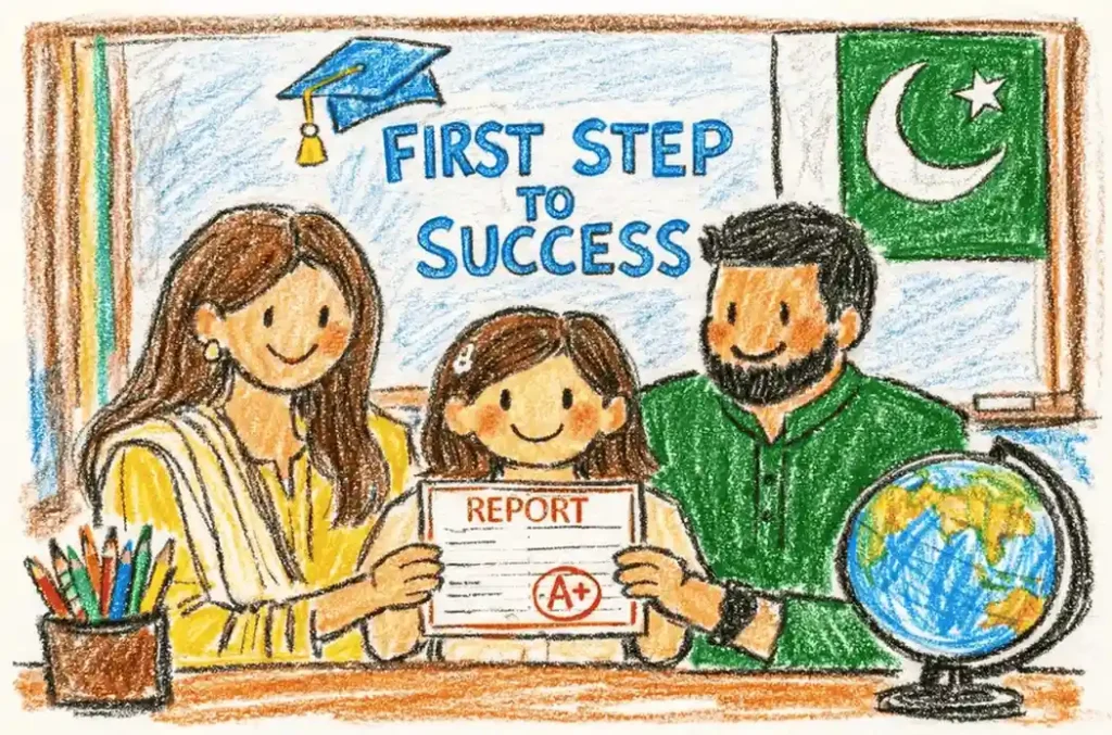 Mother and father checking their daughter’s school report and discussing her academic progress