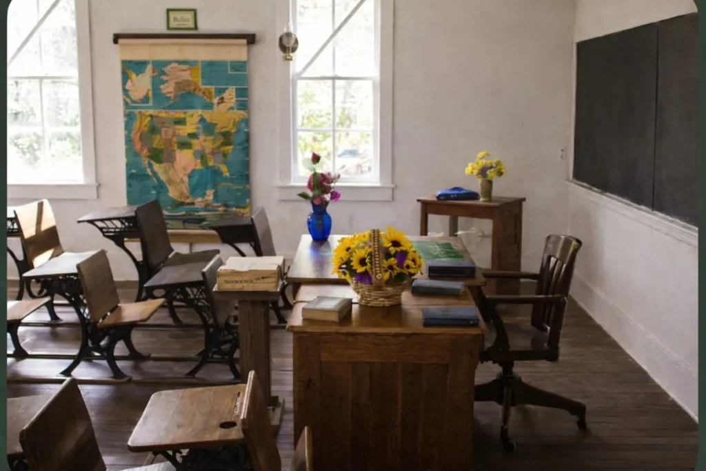 Vintage classroom with wooden desks, teacher’s table, chalkboard, and wall map in a traditional school setting.
