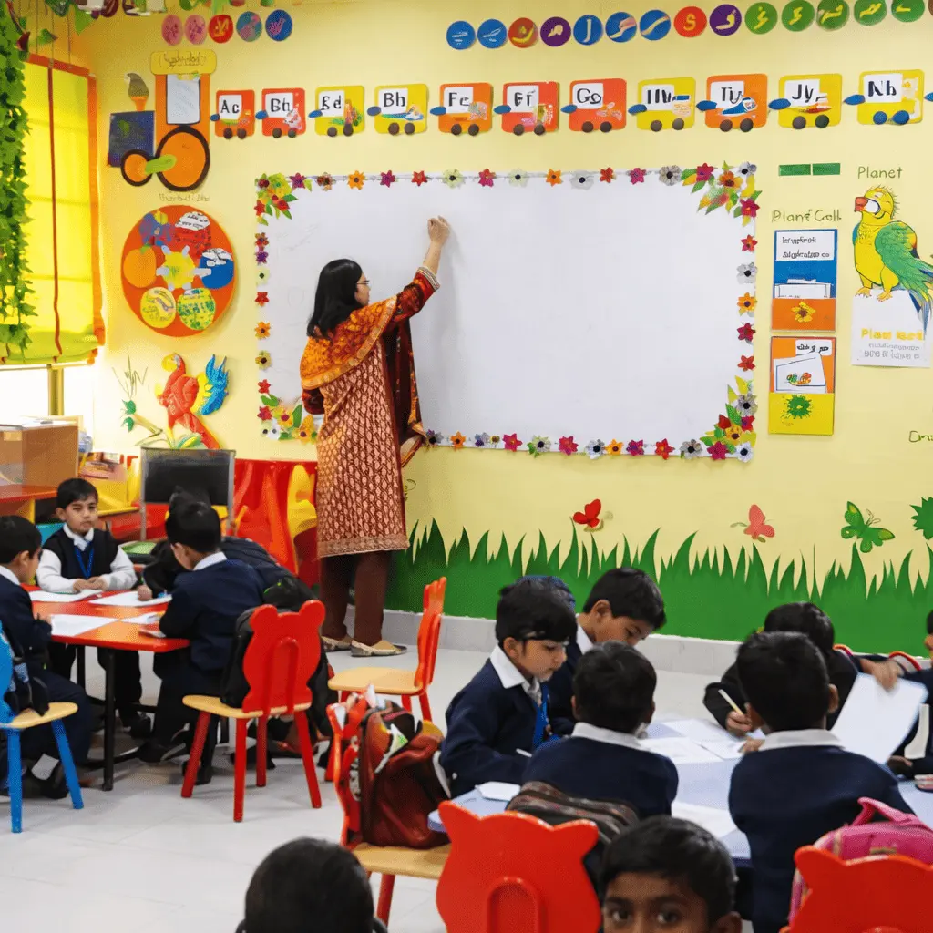 Teacher delivering a live lecture in a classroom using a whiteboard, engaging with students.