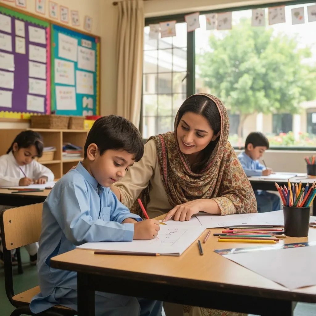 A teacher sitting with a student at his desk, teaching and providing individual guidance